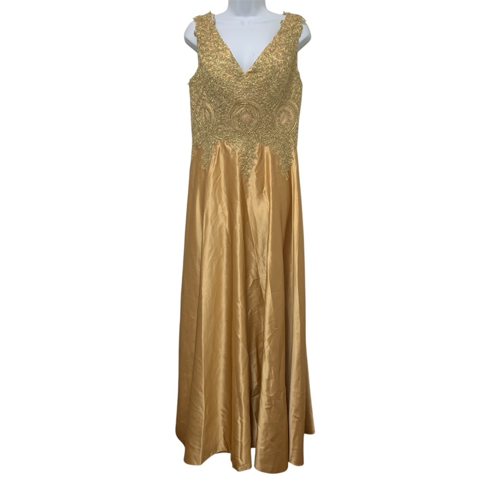 Elegant Golden Evening Dress Lace Party Women’s Size M Maxi Dress V Neck - Picture 3 of 10